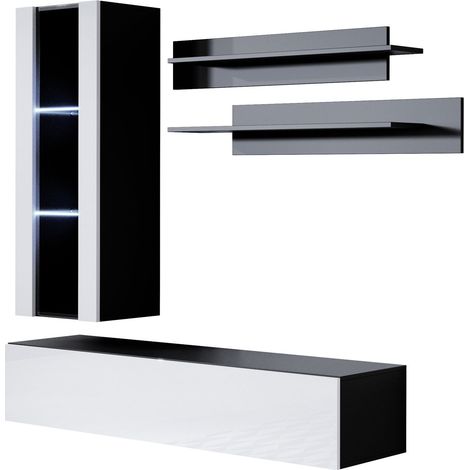 Ensemble de Meubles TV Mur de Rangement Meuble salon Suspendu avec LED Modèle Luke 5D Noir et Blanc Finition brillante