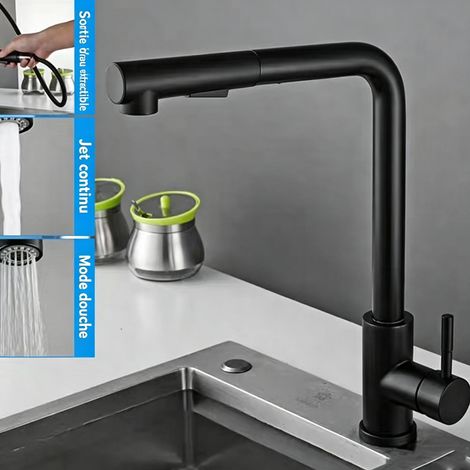 Robinet de cuisine,mitigeur d'évier de cuisine avec douchette, 2 types de jets d’eau, mitigeur cuisine en acier inoxydable, pivotant à 360° (1/4)