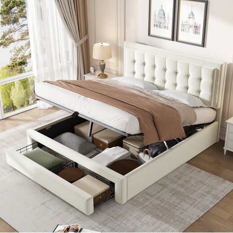 Cama con canapé 140x200 con somier de láminas y cabecero regulable, terciopelo beige HAVRYA (1/5)