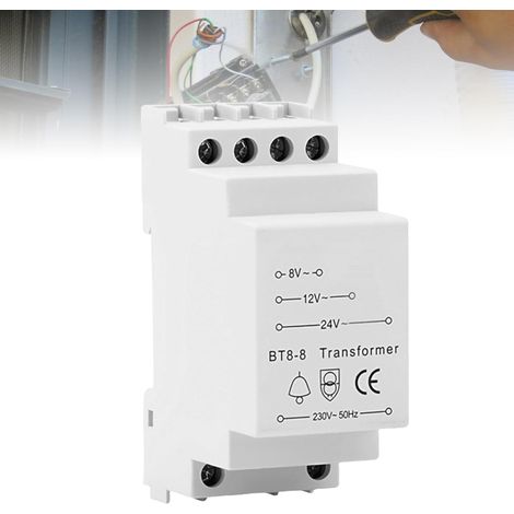 Transformateur de sonnette 8V 12V 24V pour sonnettes, transformateur pour carillon de sonnette 8VA, compatible avec rail DIN standard, blanc (1/5)