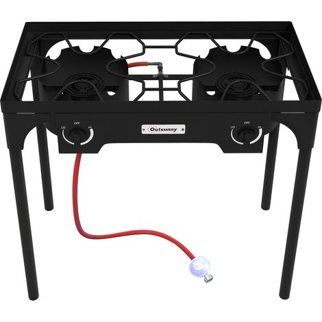 Outsunny – Réchaud à gaz 2 brûleurs propane 92000 BTU – Métal noir – Dimensions 79x40x76cm – Réglage de chaleur individuel