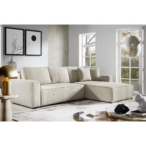 Tendencio – Canapé d'angle convertible 290 cm – Velours côtelé beige – Coffre de rangement – Coussins amovibles – Design rétro seventies