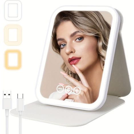 Miroir de maquillage LED, miroir pliable, éclairage d'appoint pour le visage, idéal pour les voyages, la salle de bain et le bureau, blanc. (1/5)