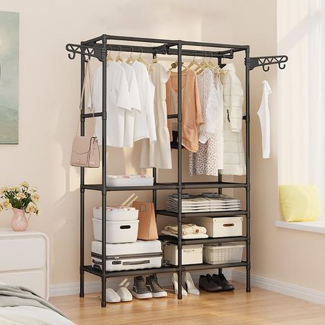 Clothes Rack, Wardrobe, Coat Rack, Hooks, Storage Shelves with Shoe Shelf for Home, Living Room, Bedroom, Hallway (White, 107x36x173 cm) (1/5)