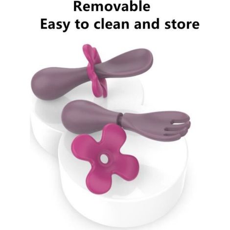 Couverts Enfant,Fourchette D'entraînement,Bébé Apprentissage Cuillère,Ensemble de Cuillère d'alimentation,Fleurs violettes,2pcs (1/4)