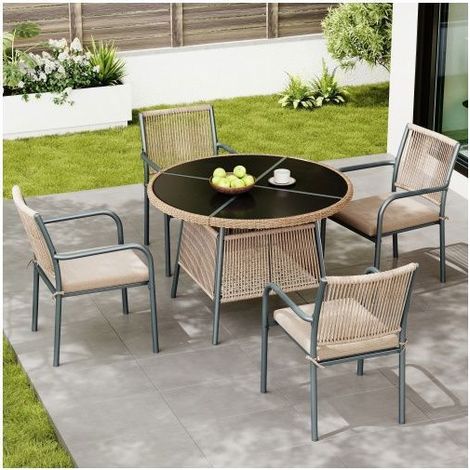 Salon de jardin 5 pièces, ensemble salon de jardin avec table ronde en verre trempé et 4 fauteuils, structure en fer, coussins (1/5)