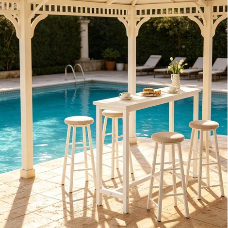 Mesa alta de bar 140x40x100 cm blanca, MDF y metal, carga 150 kg MEUBLIV (1/5)