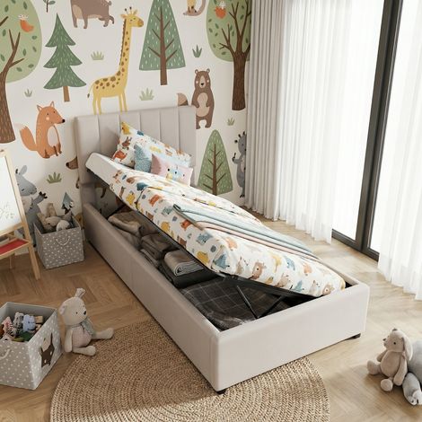 Letto singolo imbottito 90x200 cm, letto per bambini con vano contenitore a sollevamento idraulico, testiera regolabile in altezza, struttura in metallo e legno, stile moderno, beige