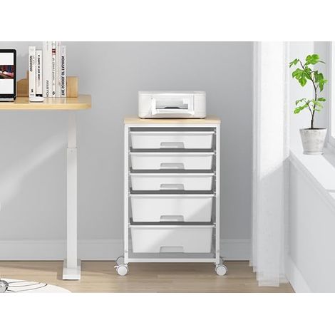 Chariot de rangement avec 5 tiroirs et plateau en bois, blanc Chariot à roulettes grande capacité mobile, structure en acier, pour cuisine, salon, chambre à coucher, bureau