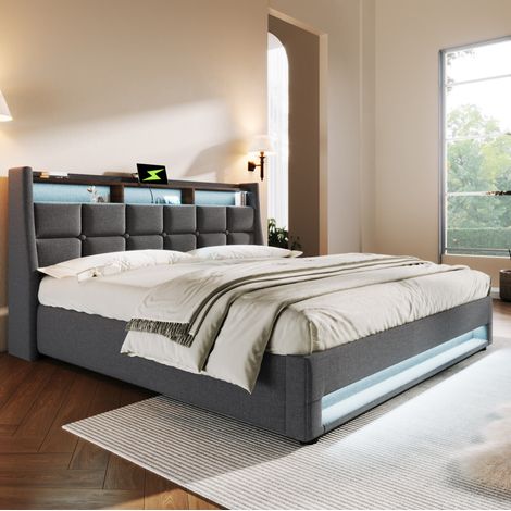Letto contenitore 180x200 cm grigio in lino con LED, USB e rete a doghe (1/5)