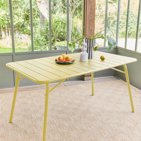 Table de jardin pliante métal 6 places. jaune. Amelia. 140x80cm. traitement antirouille. lattes et bords arrondis (1/5)