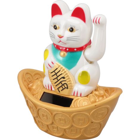 Chat porte-bonheur solaire agitant la main, symbole de richesse et de prospérité, décoration pour la maison, le bureau ou un bureau (MLY358C, blanc).