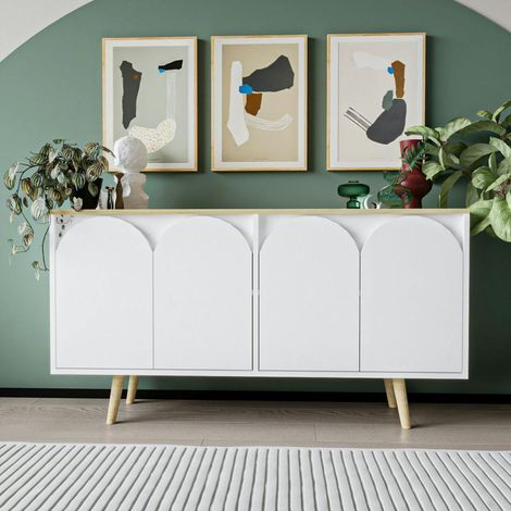 Buffet blanc 4 portes courbes et plateau effet bois VAREN