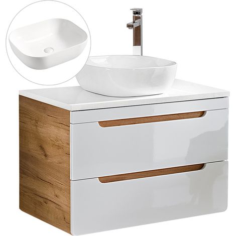 Waschtischunterschrank 80 cm mit 51 cm Keramikbecken LUTON-56 in Hochglanz weiß mit Wotan Eiche Nb., B/H/T ca. 81/76,5/46 cm (1/5)