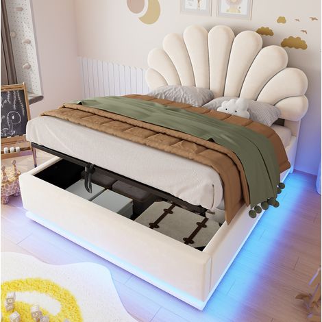 Letto imbottito 140x200 cm beige in velluto con vano contenitore idraulico e LED (1/5)