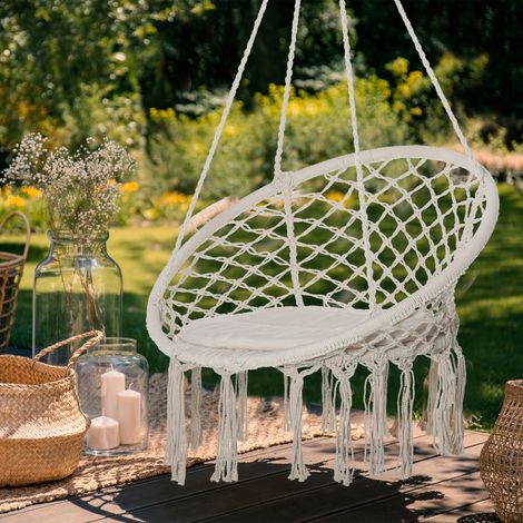 Chaise ronde suspendue Beige hamac balançoire coussin corde coton int/ext 60 cm 80x80x42 cm