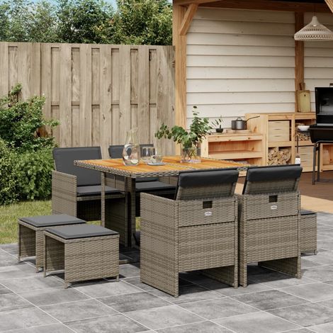 Set comedor jardín 9 pzas y cojines ratán sintético gris vidaXL (1/5)