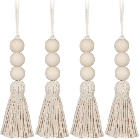 4Pcs Gland Perles en Bois Ferme Perles de Prière Naturelles Coton Ligne Décorative Tenture Murale Pompon Perle Pendentif (1/5)