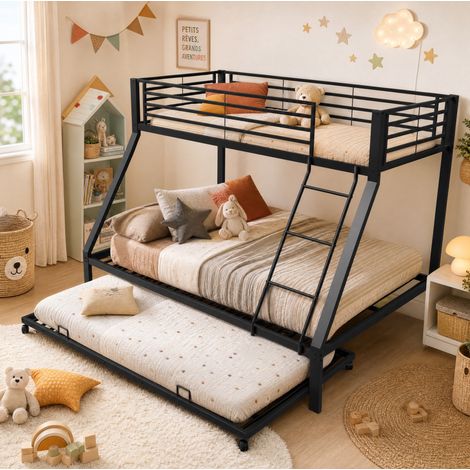 Metall-Etagenbett 204,5 x 146 x 160 cm Schwarz mit Ausziehbett, ohne Matratzen – MEUBLIV (1/5)