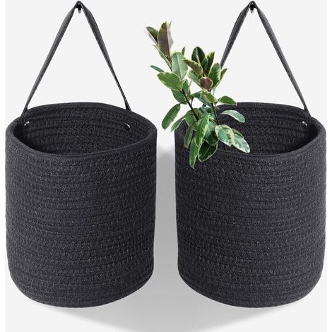 Paniers suspendus en corde de chanvre noir – Lot de 2, 10,6 x 5,5 cm, avec poignées en cuir, pour rangement mural décoratif (1/4)