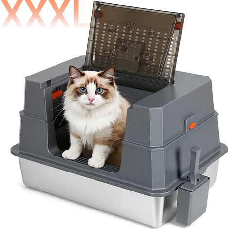 Jiubiaz Lettiera per gatti XXL in acciaio inox 70 x 50 x 43 cm chiusa con coperchio ribaltabile grigio nero (1/5)