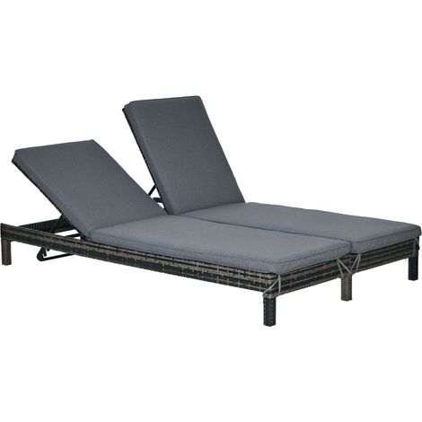 Transat double en polyrotin, transat de jardin pour 2 personnes, chaise longue relaxante, salon de luxe, dossier inclinable 5 positions, métal, rotin PE, gris, 196 x 120 x 28 cm (1/3)
