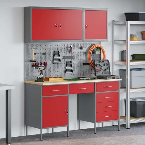 vidaXL Mobile da lavoro con cassetto 8 pcs Rosso 150 x 55 x 200 cm