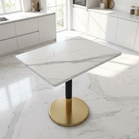 Tavolo da pranzo 80x60 cm bianco e nero in MDF e metallo con effetto marmo, compatto e versatile (1/5)