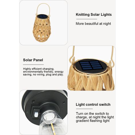 Ortviai Lanterne solaire en rotin tressé à la main pour extérieur – IP65, batterie 500 mAh, 32 cm (1/4)