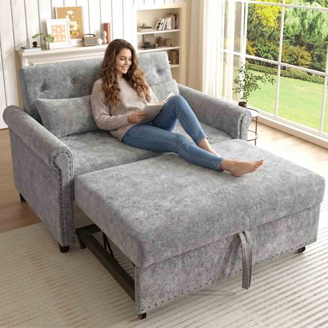 Canapé convertible 2 places 120x80x82 cm, canapé-lit 3 en 1 avec dossier réglable 3 positions, tissu chenille avec 2 coussins - Gris (1/5)