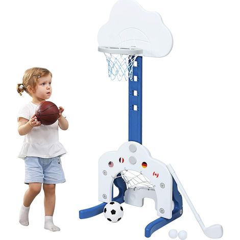 COSTWAY Basket per Bambini Centro attività Multifunzione - Palla Canestro, Calcio e Golf, Mazza da Golf e Palle incluese, per Bambini, Altezza Regolabile (Nuvola Bianca)