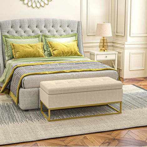 Banc de rangement capitonné beige, 110 x 44 x 49 cm, aspect velours, pieds en acier HAVRYA (1/5)