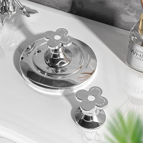 Kaelt - 2pc Bouton de chasse de toilette floral argenté galvanisé, Interrupteur de chasse de luxe discret pour réservoir, Lève-couvercle de toilette, Argenté (1/5)