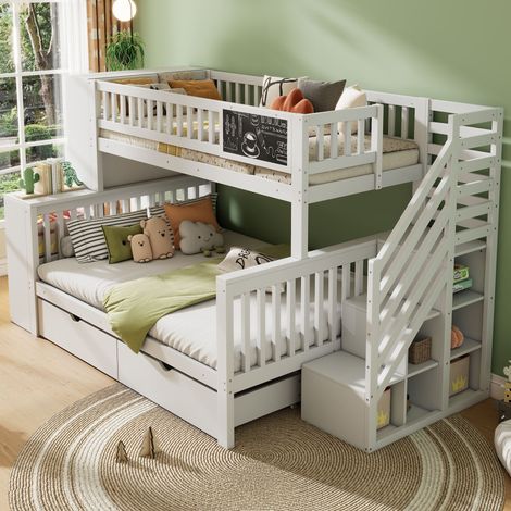 Litera infantil 140/200 y 90/200 cm blanca de pino macizo con pizarra y almacenaje (1/5)