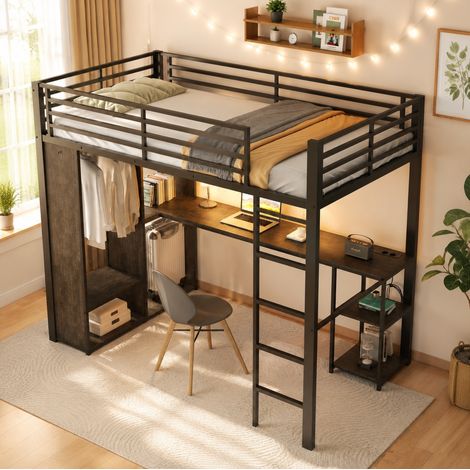 REDOM cama alta 205x100x175 cm con escritorio, LED regulable, armario abierto y estantes, MDF y metal negro (1/5)