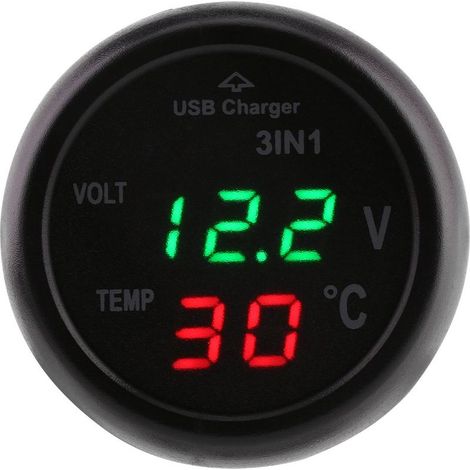 Thermomètre de voiture, voltmètre, allume-cigare avec chargeur USB, affichage LED double de 3 pouces, voltmètre numérique, thermomètre, allume-cigare, chargeur USB pour voiture (rouge vert) (1/5)