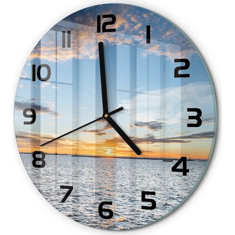 Horloge Murale Ronde Originale en Verre Silencieuse Design Moderne Salon Crépuscule au bord de la mer fi 30 cm (1/5)