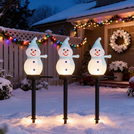 Lot de 3 lampes solaires de jardin de Noël avec décoration de bonhomme de neige, Guirlandes lumineuses solaires de Noël étanches, décorations de Noël (1/5)