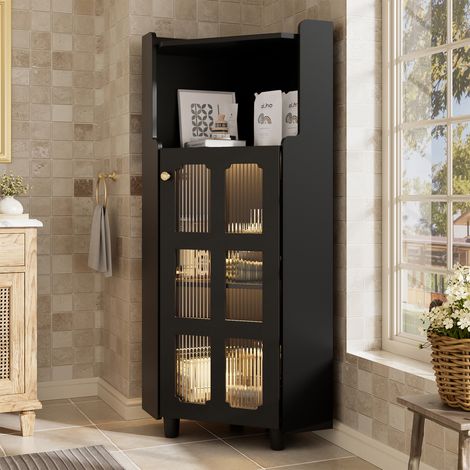 Mobiletto angolare da bagno a LED, mobile contenitore alto 2 in 1 (ripiano + vetrina a 2 ripiani), illuminazione APP, MDF laccato nero (1/5)