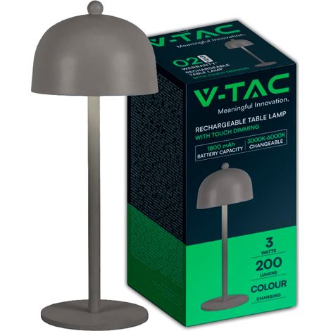 Lámpara de mesa LED recargable V-TAC de 3 W, metal gris, regulable al tacto, 3 en 1
