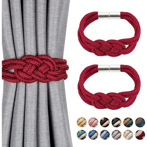 Set mit 2 magnetischen Vorhang-Raffhaltern im nordischen Stil, dekorative Raffhalter aus gewebtem Seil für Fenstervorhänge zu Hause und im Büro (Weinrot)