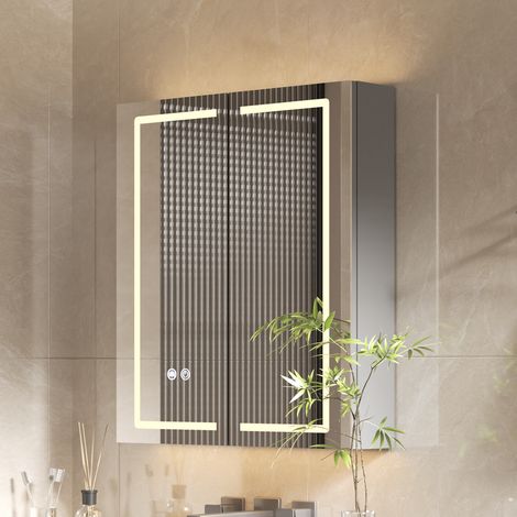AquaWise Armoire de Toilette LED 6070cm Livrée MONTÉE, Gain de Place avec Prise & USB, Anti-buée, Éclairage 3 Couleurs, Mémoire Bouton Tactile Intelligent, Rangement Design, Gris Clair