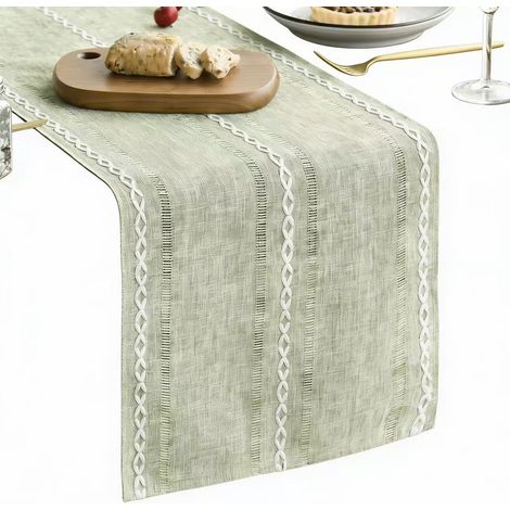 Table Runner - Cotton Linen Blend - 13 x 72 Inch - Sage Green - Embroidered Hollow Design - For Dining Table Kitchen Party Decor - 1 Piece (1/5)