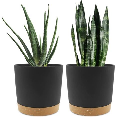 Lot de 2 Pots de Plantes 20.3cm, Pots pour Plantes d'intérieur avec Trous de Drainage et Base Amovible, Soucoupe décorative Moderne pour jardinières d'extérieur (Noir 20.3cm) (1/4)