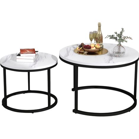 Set de 2 mesas de centro redondas apilables con tablero de MDF efecto mármol, estructura de metal, diseño moderno para salón, fácil montaje y estables CHICFURN (1/5)