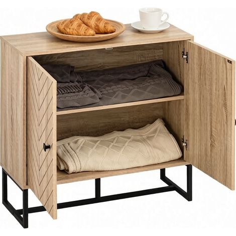 Buffet de rangement avec étagères réglables, portes magnétiques et base métal antidérapante, design bicolore noir et bois clair, pour salon et entrée, CHICFURN (1/5)