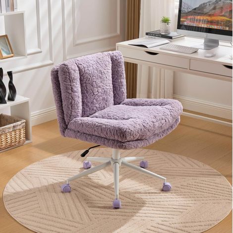 Silla de oficina de pelo sintético morado, asiento ancho 67,1 cm, giratoria 360°, altura regulable y función basculante (1/5)