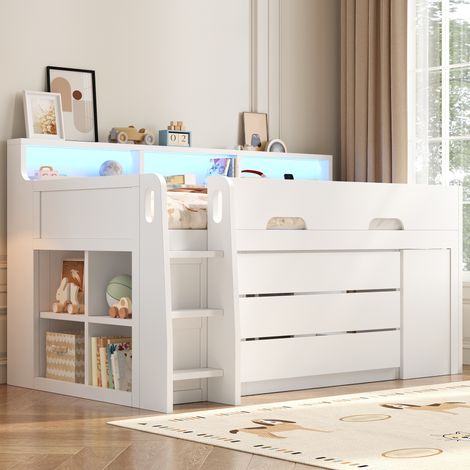 Lit mezzanine bas 90 x 200 cm blanc bureau mobile LED ports USB 3 tiroirs 7 étagères et rangements chambre enfant ado (1/5)