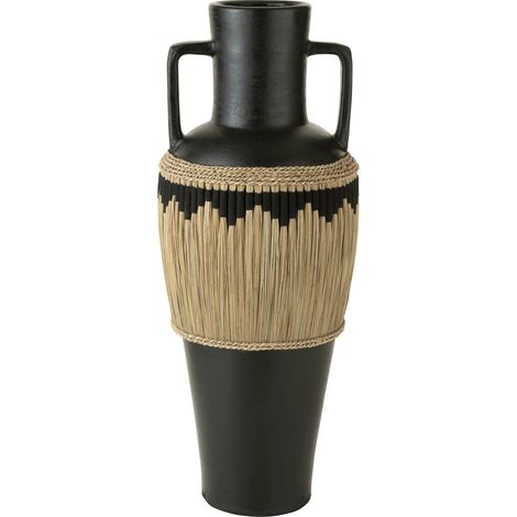 Vase terracotta noir motifs herbes anses déco artisanale - Noir terracotta et herbes naturelles (1/3)