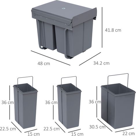 Poubelle coulissante de 40 L (avec 3 bacs de recyclage), 48 x 34,2 x 41,8 cm, grise (1/5)